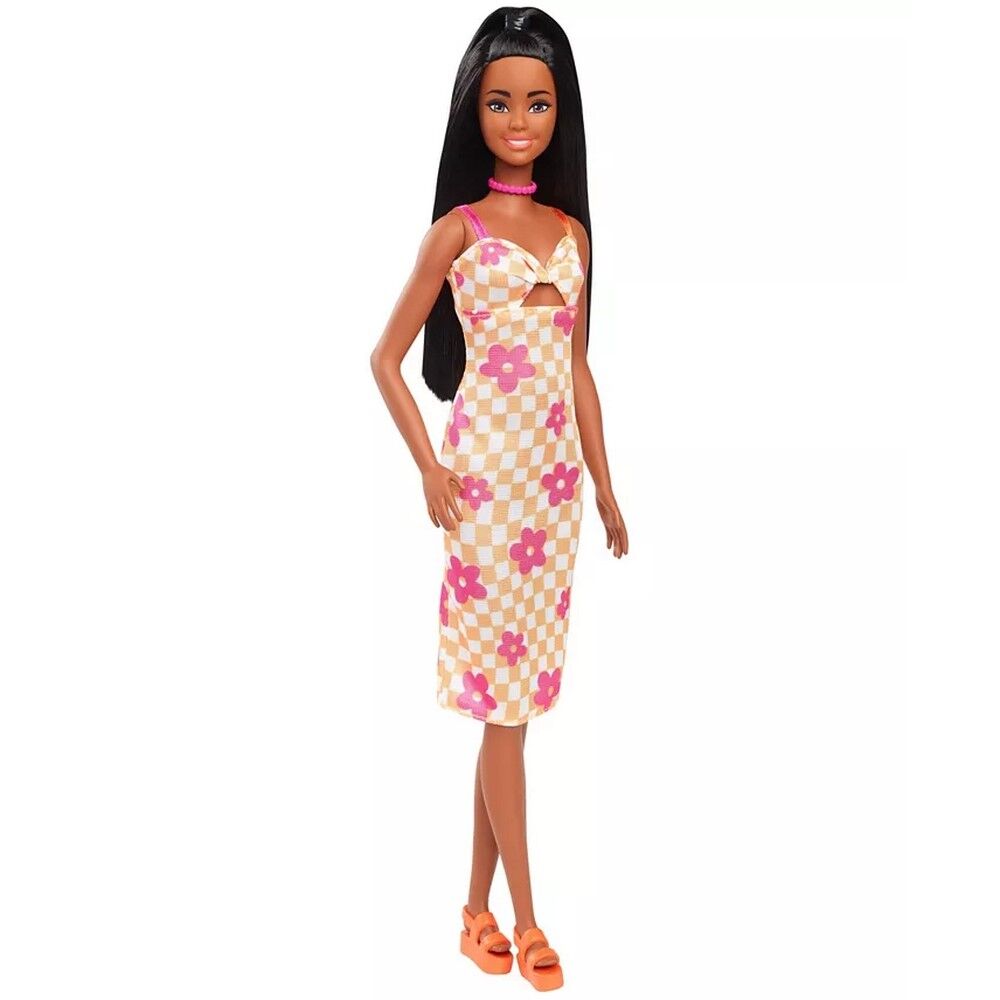 Barbie Fashionistas Doll 233 in Checkered Flower Midi Dress, Black Hair