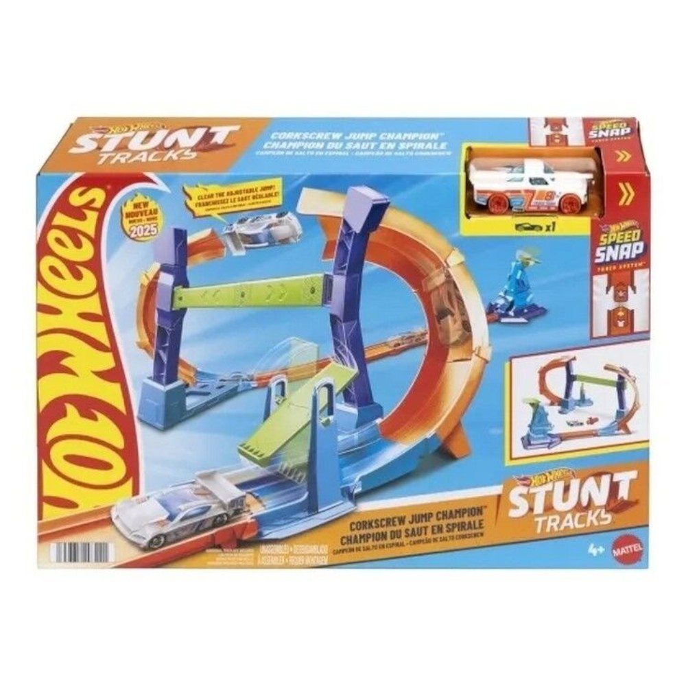 Hot Wheels Stunt Tracks Corkscrew Jump Champion Track Set & 1:64 Scale Toy Car, Speed Snap Track