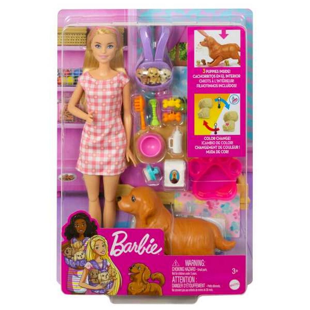 Barbie Doll Newborn Pups Playset with Blonde Doll, Mommy Dog and 3 Puppies, Kids Toys