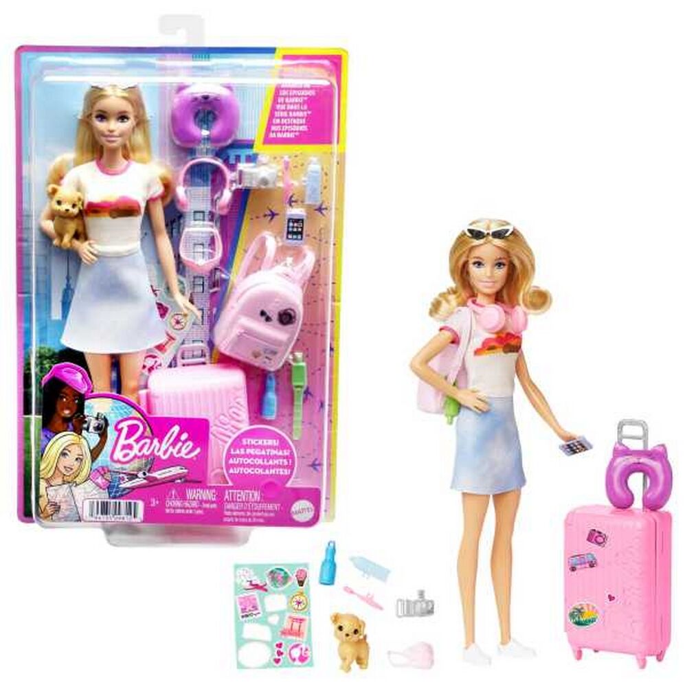 Barbie Doll and Accessories, 'Malibu' Travel Set with Puppy and 10+ Pieces Including Working Suitcas
