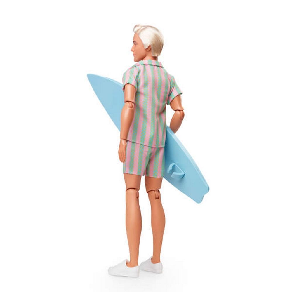 Barbie The Movie Doll Ken Wearing Pastel Pink and Green Striped Beach Matching Set with Surfboard a