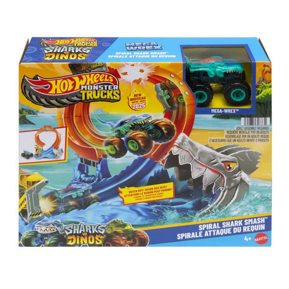 Hot Wheels Monster Trucks Spiral Shark Smash 2025 Sharks VS Dinos