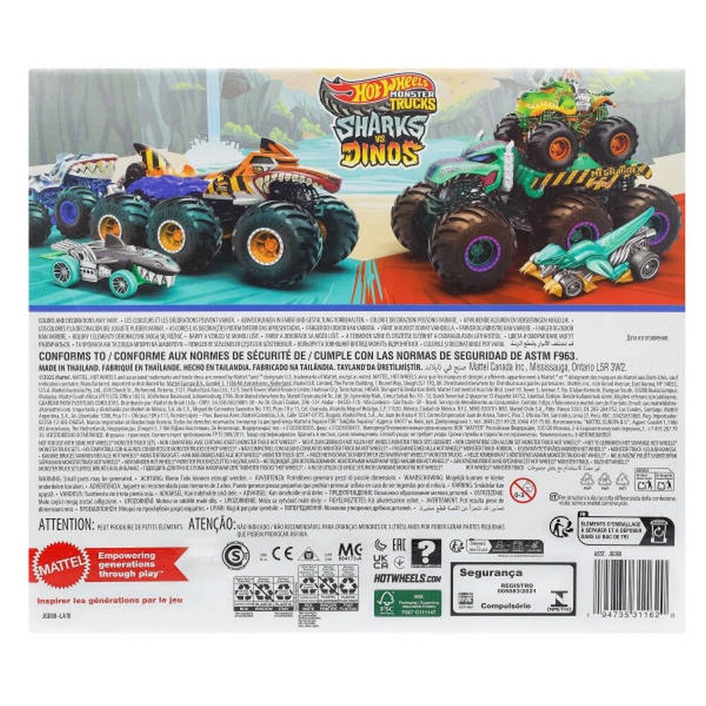 Hot Wheels Monster Trucks Sharks vs Dinos Multipack With 2 Big Rigs, 2 Toy Trucks & 2 Toy Cars
