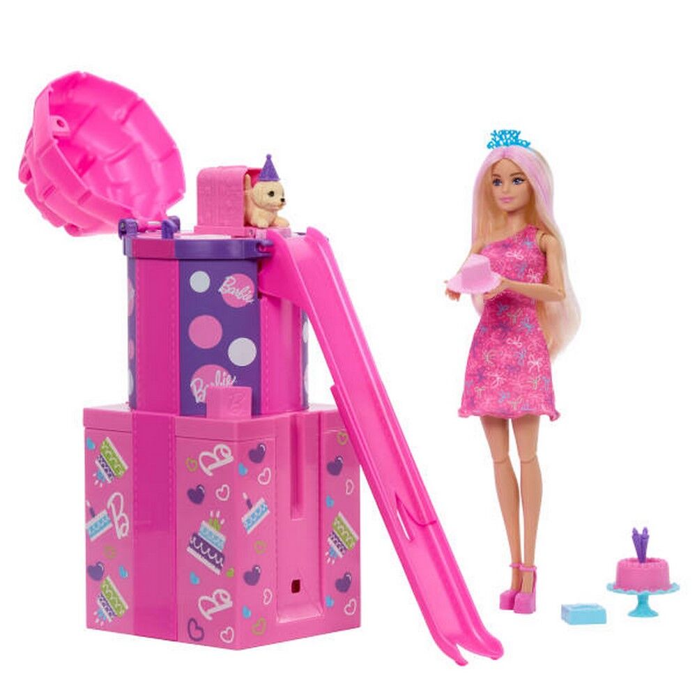 Barbie Rise & Surprise Pet Birthday Doll Playset with Slide & 12 Surprises