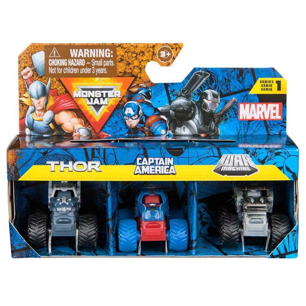 Monster Jam 1:87 Marvel 3 Pack - Thor Captain America War Machine