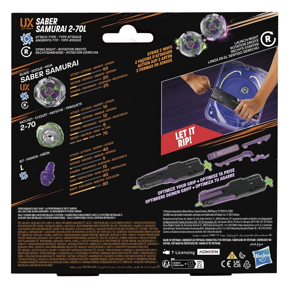 Beyblade X Victory Grip Launcher Set with Saber Samurai 2-70L