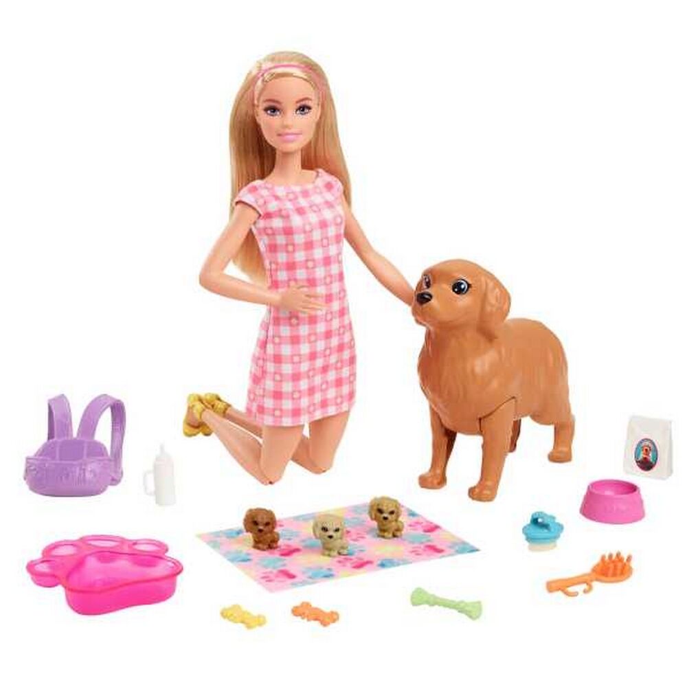 Barbie Doll Newborn Pups Playset with Blonde Doll, Mommy Dog and 3 Puppies, Kids Toys