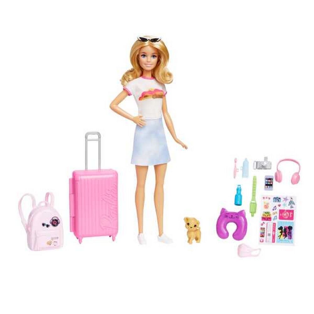 Barbie Doll and Accessories, 'Malibu' Travel Set with Puppy and 10+ Pieces Including Working Suitcas