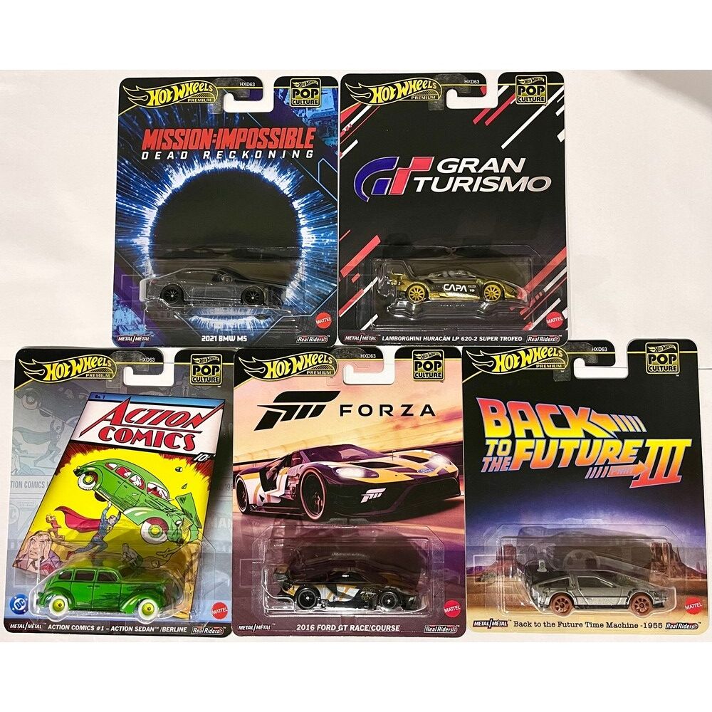 Hot Wheels Premium POP Culture Set of 5 Lamborghini Huracan LP 620-2 Super Trofeo / 2021 BMW M5 / 2016 Ford GT Race Course / Action Comics#1 / Back to The Future Time Machine-1955