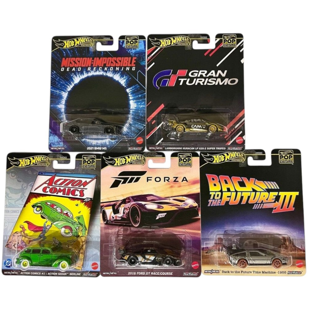 Hot Wheels Premium POP Culture Set of 5 Lamborghini Huracan LP 620-2 Super Trofeo / 2021 BMW M5 / 2016 Ford GT Race Course / Action Comics#1 / Back to