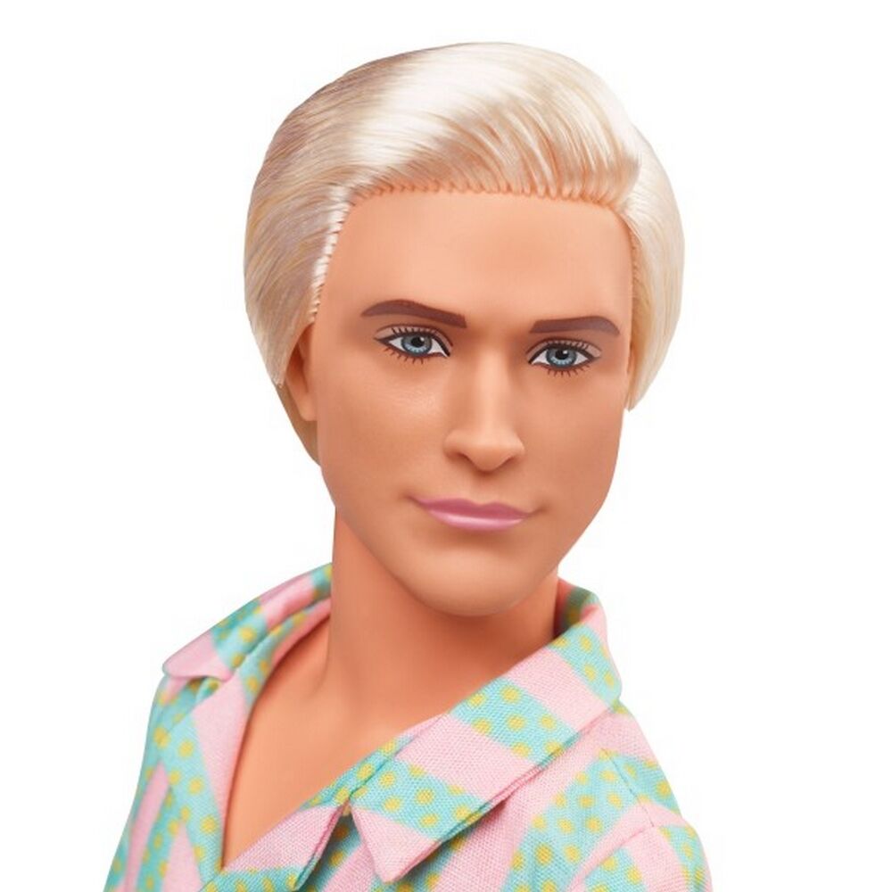 Barbie The Movie Doll Ken Wearing Pastel Pink and Green Striped Beach Matching Set with Surfboard a