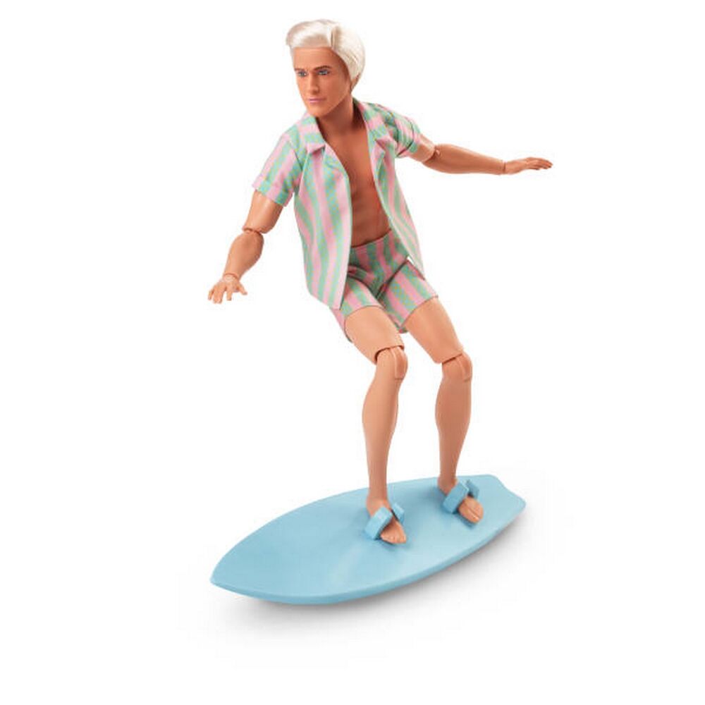 Barbie The Movie Doll Ken Wearing Pastel Pink and Green Striped Beach Matching Set with Surfboard a