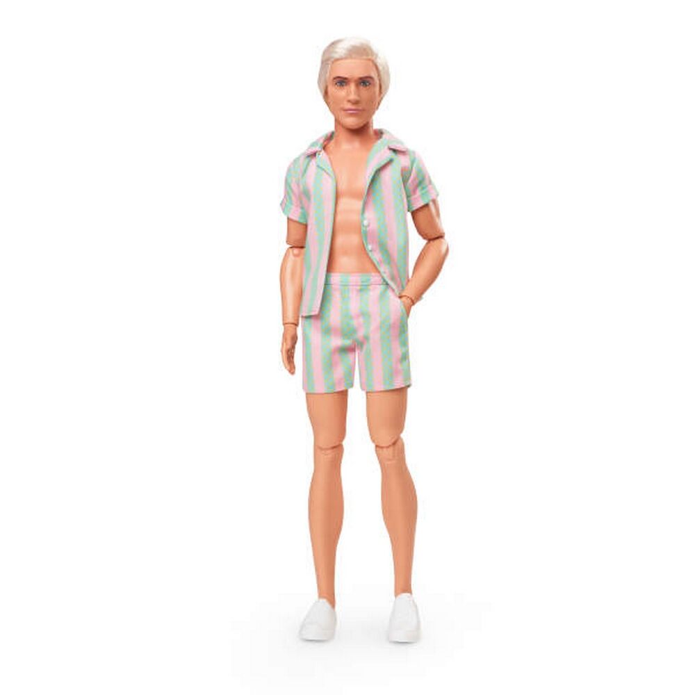 Barbie The Movie Doll Ken Wearing Pastel Pink and Green Striped Beach Matching Set with Surfboard a