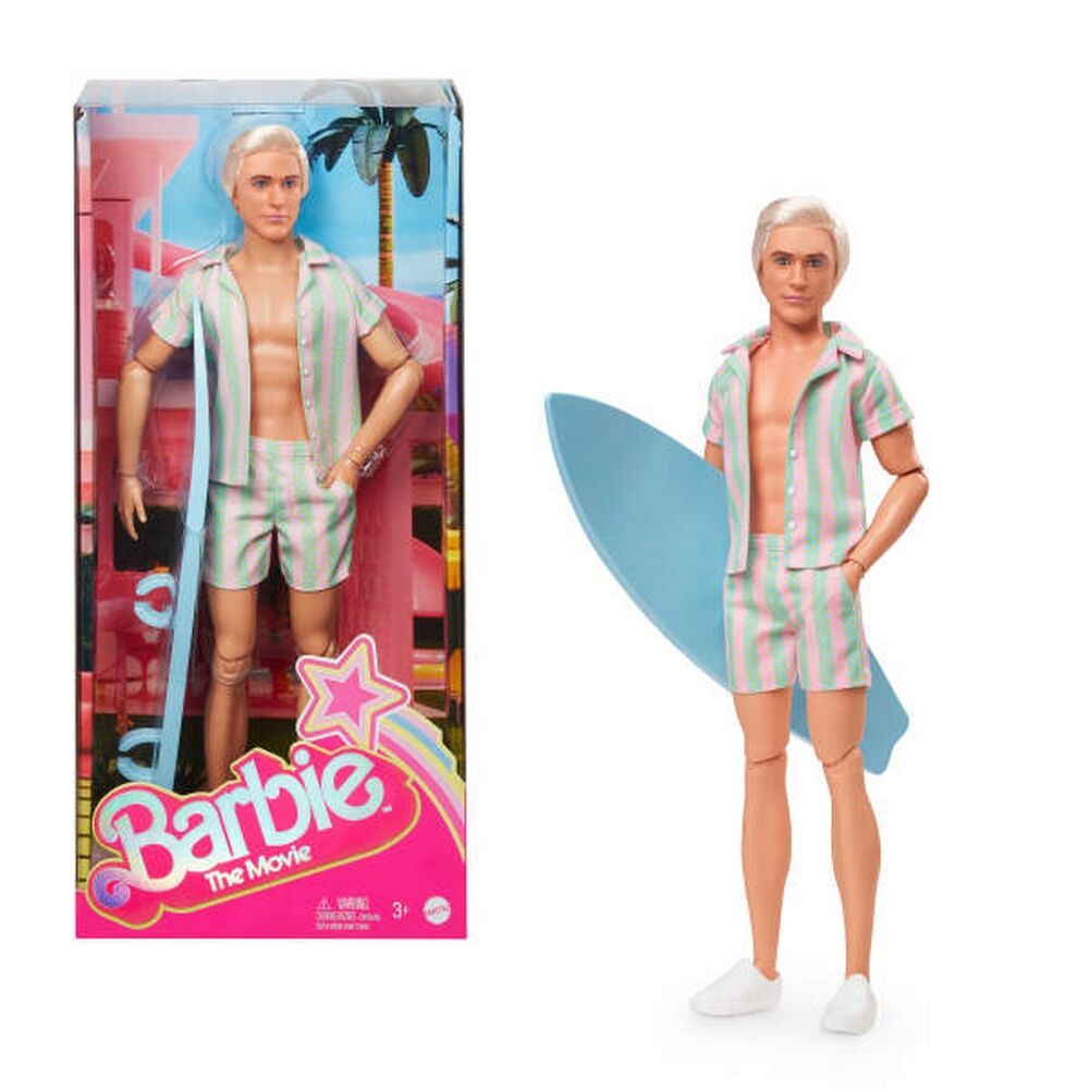 Barbie The Movie Doll Ken Wearing Pastel Pink and Green Striped Beach Matching Set with Surfboard a