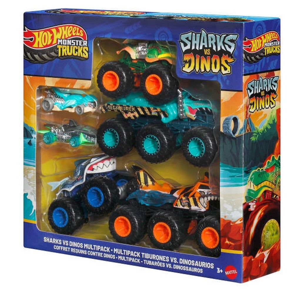 Hot Wheels Monster Trucks Sharks vs Dinos Multipack With 2 Big Rigs, 2 Toy Trucks & 2 Toy Cars