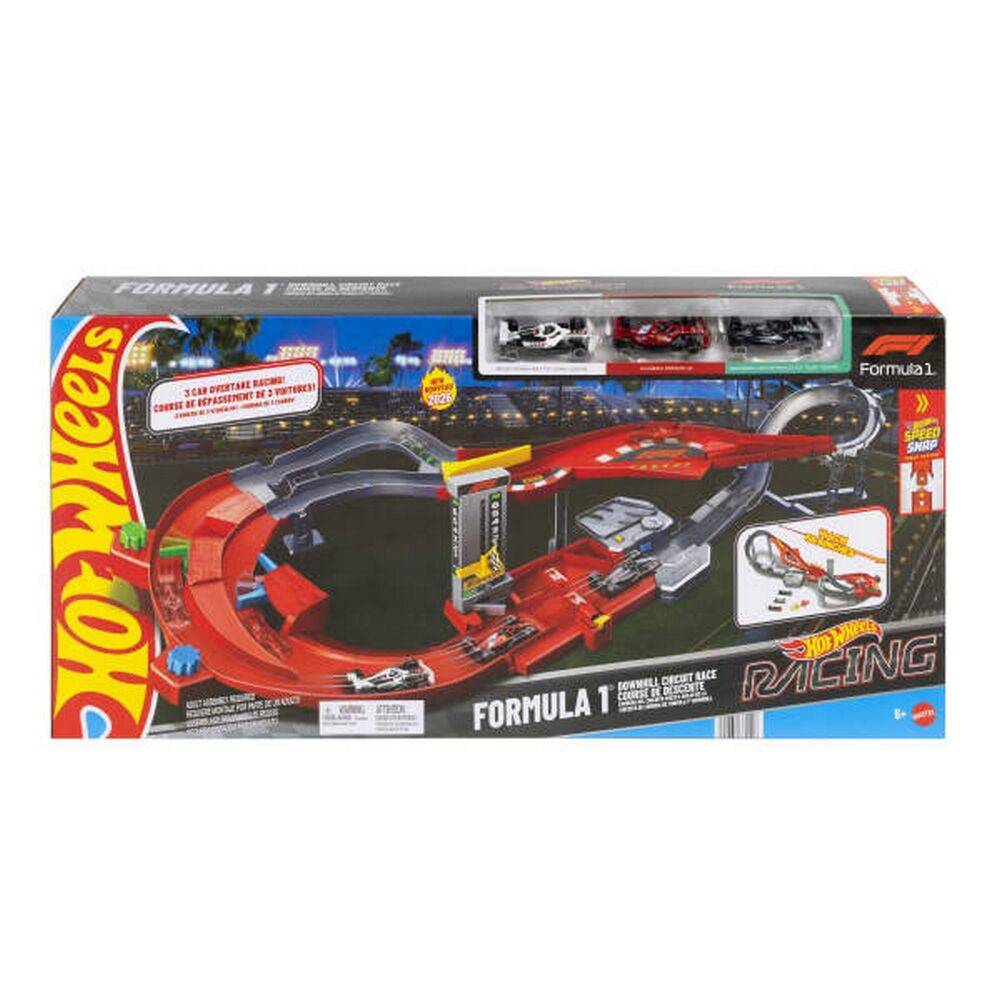 Hot Wheels Racing Formula 1 Downhill Circuit Race Track Set & 3 F1 Die-Cast Toy Cars in 1:64 Scale