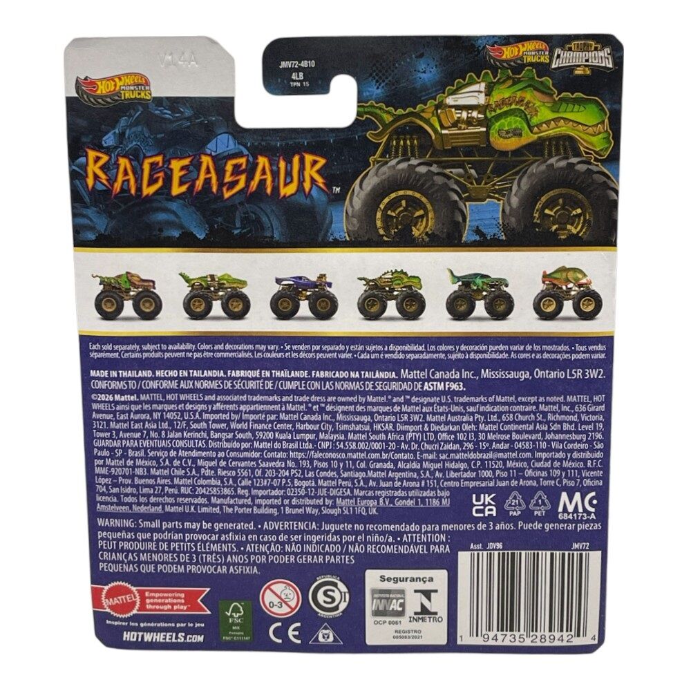 Hot Wheels Monster Trucks Trophy Champions 1:64 Rageasaur with Trophy