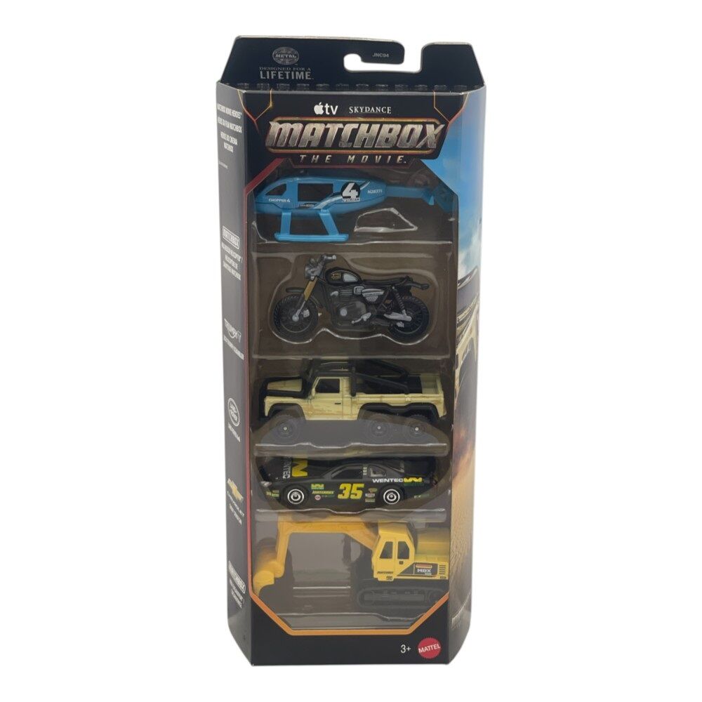 Matchbox The Movie 5 Pack-Matchbox Movie Heroes&MBX Rescue Helicopter&2024 Triumph Scrambler&Land Rover 6x6 &Chevrolet Mbx Excavator